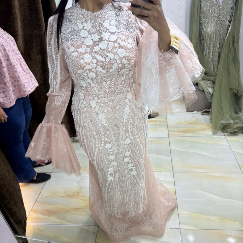 Brand new contour from Egypt ! Elegant Blush Lace Embroidered Evening Gown